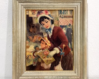 Vintage Framed John Strevens Reproduction Print, Turner Mfg. Co. - Urban Street Scene w/ Woman Browsing Songbooks - Midcentury Impressionism