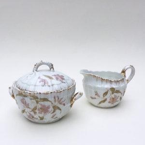 M. Redon Limoges Sugar Bowl with Lid & Creamer c.1891-1906 porcelain floral purple pattern Victorian cottagecore antique decor belle epoque