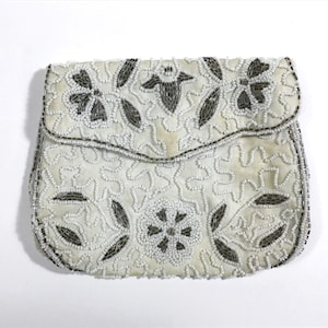 Vintage Beaded Clutch Purse - MCM White & Gray Seed Bead Floral/Biomorphic Handbag - Snap Closure, Satin Lined, Something Old Something New