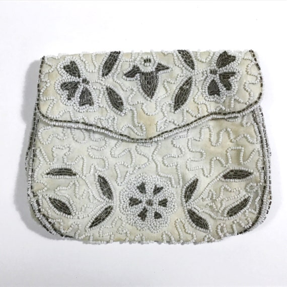 Vintage Beaded Clutch Purse - MCM White & Gray Se… - image 1