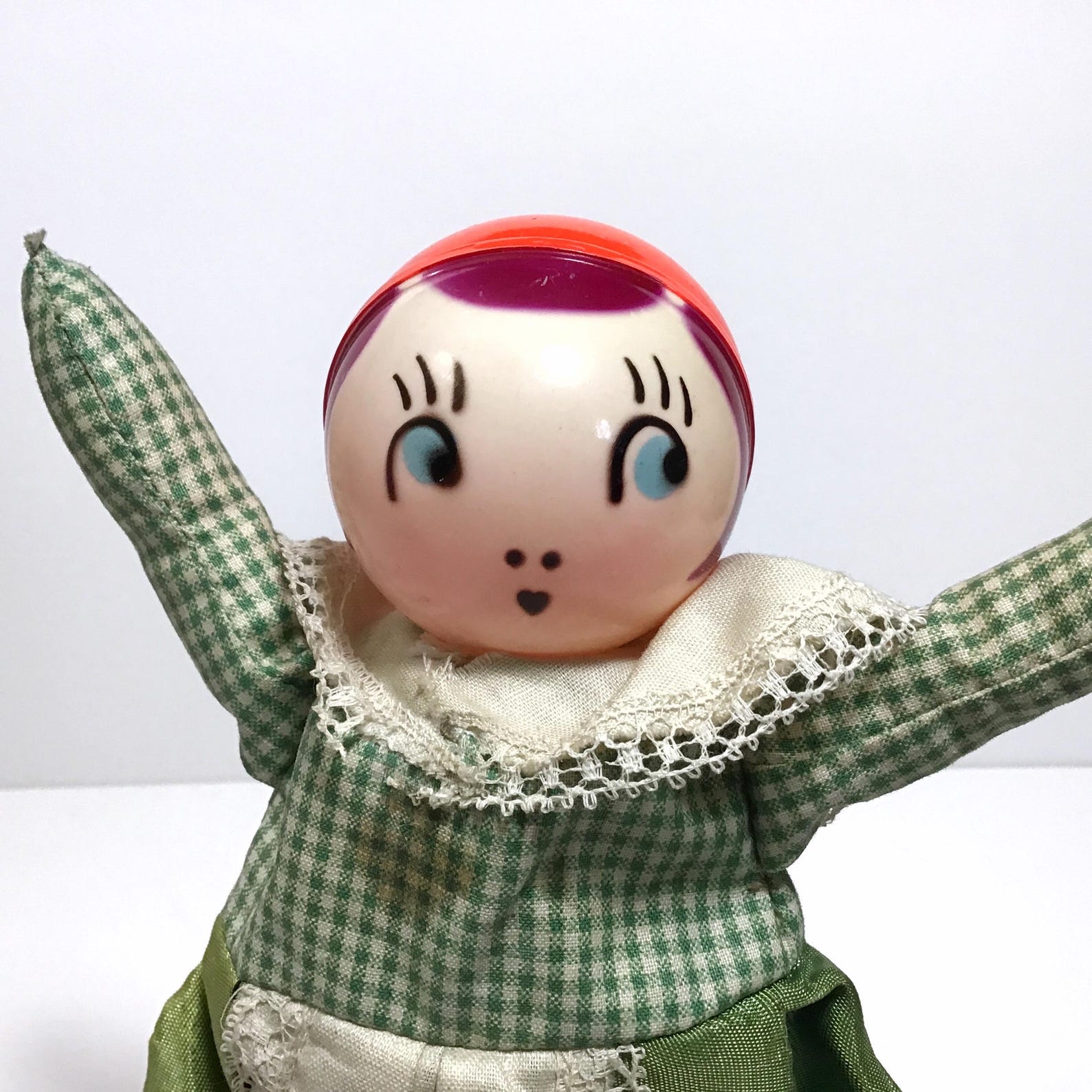 Princess Doll Rattle Vintage Rattle Doll - 1950s Doll in Green & White Gingham Dress + Apron ...