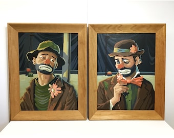 Pair 1960s Sad Clowns Paint By Numbers Paintings - Craft Master Framed Emmett Kelly Circus Hobo Framed PBN Kitsch Artwork