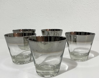 Mid-Century Lowball Glasses - 5 Silver Ombre / Silver Fade Glasses - Whiskey Scotch Old-Fashioned Cocktail Tumblers