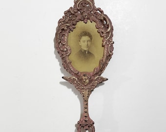 Pink Vanity Hand Mirror / Picture Frame - Painted Cast Iron Frame w/ Winged Cherub & Victorian Cabinet Card Photograph - Shabby Chic Decor