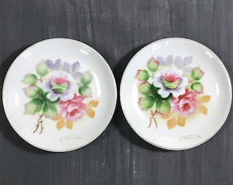 2 Vintage Y. Nimura Hand-Painted Floral Miniature Plates, Japan - MCM Colorful Flowers, Roses, Small Collectible Plates, Pastel Floral Decor