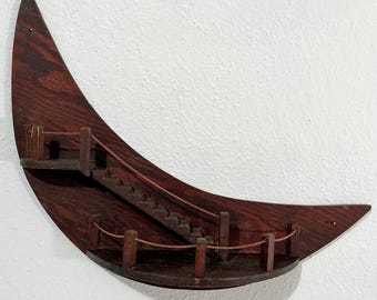 Mid-Century Wood Wall Hanging - “Stairway to the Stars” Knick Knack Display Shelf / Large Wooden Crescent Moon w/ Staircase - 1950s Folk Art
