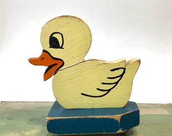 Vintage Wood Duck Pull Toy - Hand Carved, Hand-Painted, Pull Toy in Water, Folk Art, Wood Bath Toys for Kids, Toy Duck Decoy, c.1960s
