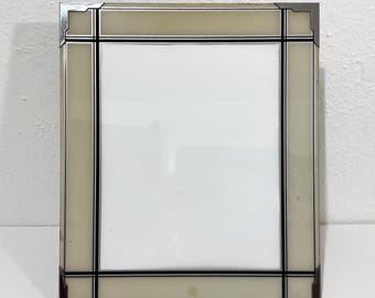 Large Art Deco Reverse Painted Glass Picture Frame - 13 x 11” Lt. Beige & Black Photo Frame w/ Linear Pattern, Silver Corners Easel Back