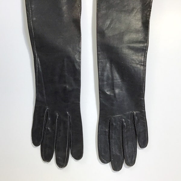 Vintage Lanolau Black Leather Opera Gloves - Size 6 1/2 Small, 18 1/2” Long Black Formal Gloves, Bettie Page Style Evening Gloves, Dress Up