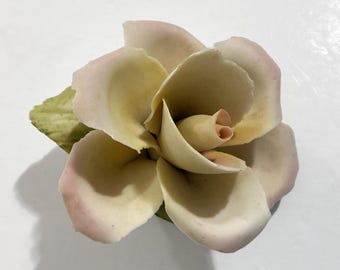 Vintage Bisque Flower Sculpture - Pale Yellow Blush Pink Rose - Golden Crown E&R Italy, Capodimonte Style - Soft Pastel Art, Romantic Decor