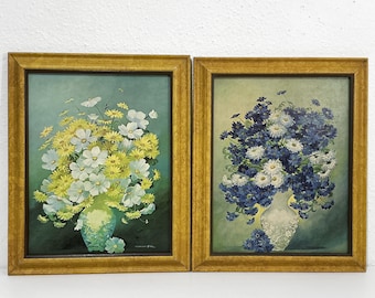 Framed Floral Prints by Marion Rice, A Truart Product - MCM Color Litho Prints in Matching Frames - Blue White/Yellow White Flowers in Vases