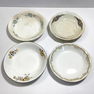 4 Vintage Early to Mid-Century Bowls - Mismatched Bowls w/ Floral Patterns - Shabby Chippy Stained Crazed Pottery, W. S. George, Pope-Gosser