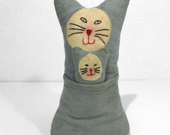 Vintage Gray Mother Cat w/ Kitten in Pouch - Handmade Plush Stuffed Animals w/ Embroidered Faces, Pocket Pals Nesting Dolls, Minimalist Toys