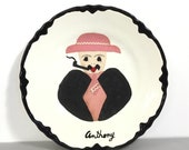 Vintage Homer Laughlin Folk Art Portrait Display Plate quot Anthony quot - Hand Decorated Fabric Portrait Name Plate - Man w Mustache, Hat, Pipe