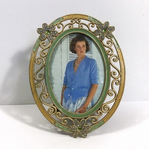 Vintage Glitzy Bling Oval Photo Frame w/ Flowers - Green & Gold Table Top Picture Frame w/ Glass Flowers, Easel Back - Eclectic Boho Decor