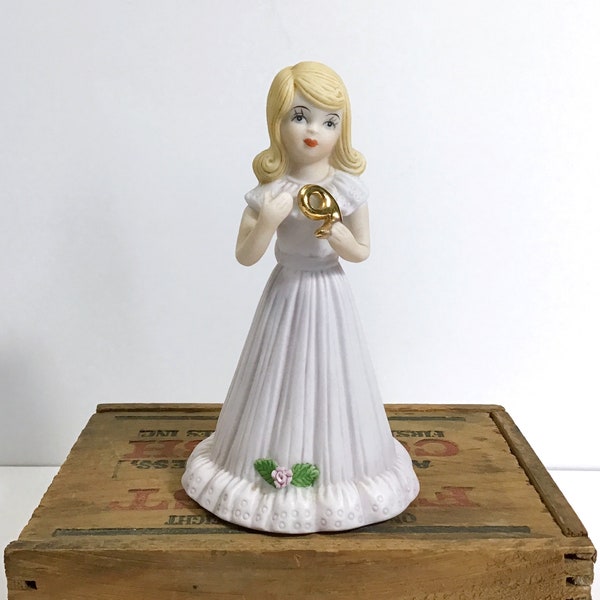 Vintage 1981 Keepsake - Growing Up Birthday Girls Porcelain Figurine, Enesco, Age 9 Years Old - Cute Girl with Long Blonde Hair & Pink Gown