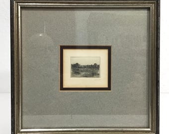 Vintage Framed Etching by Richard Claude Ziemann, Small Mid-Century Black & White Landscape, American Contemporary Artist, Seasonal Wall Art