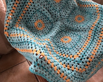 Manta de crochê feita à mão: Azul Ovo de Pato com Amarelo