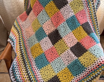 Handmade Organic Wool Crocheted Blanket: Colorful Patchwork Granny Square Design