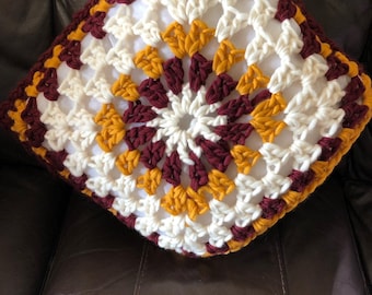 Crocheted Chunky Wool Cushion Cover: Burgundy, Gold, Cream