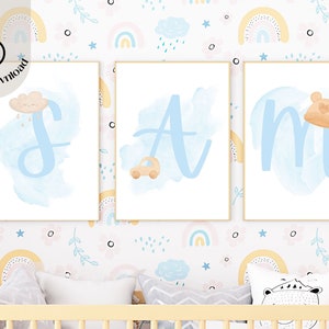 Customizable nursery name print, boy room wall art, watercolor nursery, personalization name print, kids room decor, neutral nursery decor