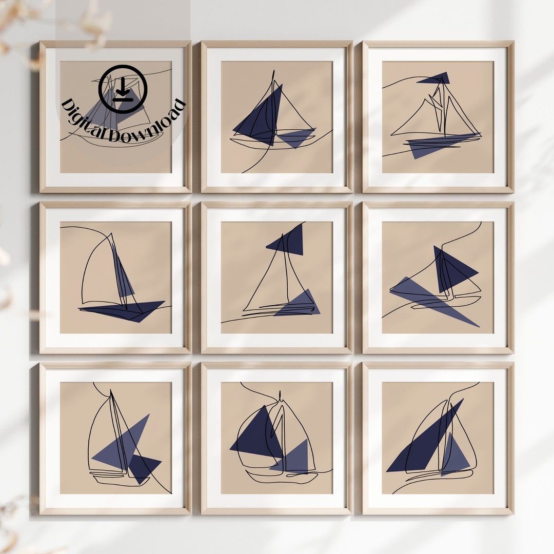 Sailboats Artwork Digital Prints, Set of 9 Printable Art, Line Art ...