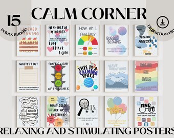 Calm Corner Classroom bundle calm down printable decor safe space poster feelings chart print social emotional self regulation breathing