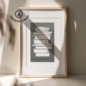 Pode incluir: Uma ilustração em preto e branco de uma pilha de livros sobre um fundo cinza. Os livros são desenhados em um estilo simples e minimalista.