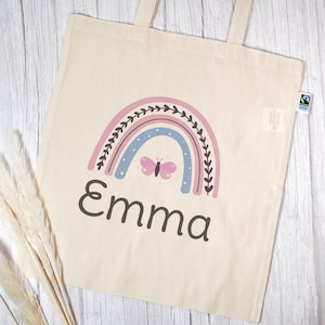 Personalisierte Stofftasche aus Bio- Baumwolle | mit Wunschnamen | Regenbogen rosa | Schmetterling | Henkeltasche natur | Kindertasche