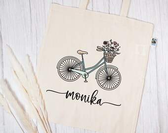 Personalisierte Stofftasche aus Bio- Baumwolle | mit Wunschnamen | Fahrrad mint | Henkeltasche natur