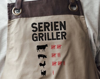 Grillschürze mit Kunstleder Applikation | Seriengriller | beige | Geschenk Idee für Barbecue Fan