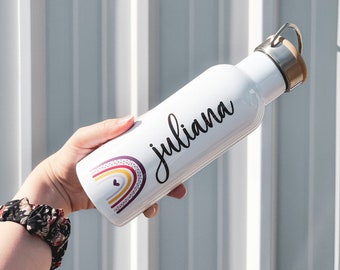 Personalisierte Edelstahlflasche | Trinkflasche mit Wunschnamen | Regenbogen bunt- pink | Isolierflasche ideal für die Schule und unterwegs