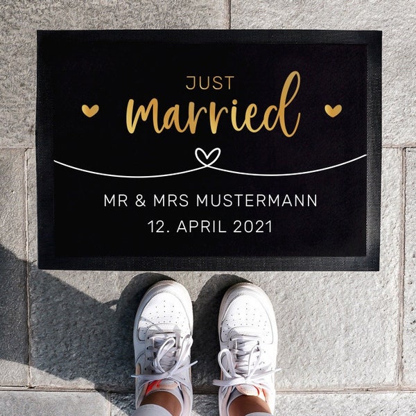 Personalisierte Fußmatte mit Wunschnamen | Just married – Goldverlauf | 35 x 50 cm oder 40 x 60 cm | Geschenkidee zur Hochzeit für Paare