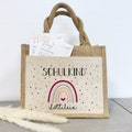 First Day of School | Personalized Jute Pocket Bag | with desired name | Schoolchild Rainbow Heart | Purple | Gift Bag for Back to School product logo