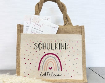 Einschulung | Personalisierte Jute Pocket Tasche | mit Wunschnamen | Schulkind Regenbogen Herz | Lila | als Geschenktasche für Schulanfang