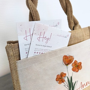 Personalisierte Jute Pocket Tasche mit Wunschnamen Frühling Mohnblumen an Blumen erfreuen auch als Geschenktasche Bild 2