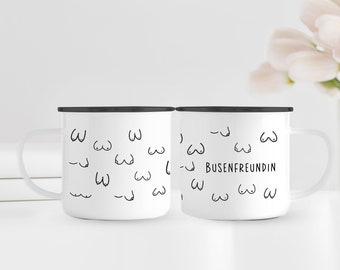 Emaillebecher | Emaille Tasse mit schwarzem Rand | Busenfreundin 1.0 | Geschenk als Aufmerksamkeit | Hingucker mit Humor