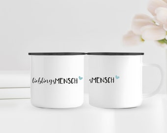 Emaillebecher | Emaille Tasse mit schwarzem Rand | Lieblingsmensch | blaues Herz | Geschenk für einen besonderen Mensch