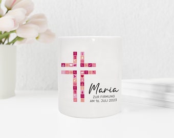 Personalisierte Spardose aus Keramik | mit Wunschnamen und Datum | Taufe Kreuz | rosa | Geschenkidee für ein Geldgeschenk