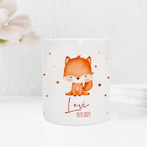 Personalized Ceramic Money Box | with desired name and date | fox | Animal children