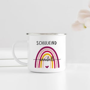 Personalized enamel mug with silver rim | with desired name | School child rainbow pink-colorful