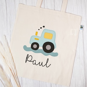 Personalisierte Stofftasche aus Bio- Baumwolle | mit Wunschnamen | Traktor blau | Henkeltasche natur