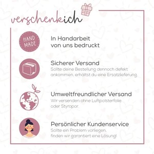 May include: A pink and white graphic with text in German. The text includes phrases like "Hand Made", "Sicherer Versand", and "Umweltfreundlicher Versand". The image also features icons of a gift, a box, a globe, and a person.