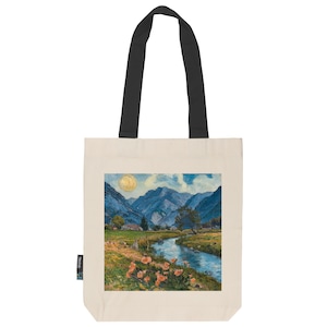Jutebeutel Stoffbeutel naturfarben aus Fairtrade Bio- Baumwolle | feste Stofftasche mit langen Henkeln |Gemälde 8 | Bächlein vor Berge