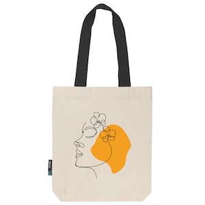 Jutebeutel Stoffbeutel | feste Stofftasche aus Fairtrade Bio- Baumwolle mit langen Henkeln | Gesicht Linien orange | natur mit schwarz