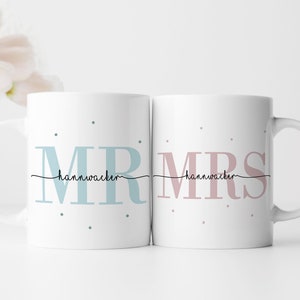 Personalized Mug Set | Mrs + Mr | with desired name and date | Gift for wedding, marriage, engagement and anniversary of the couple