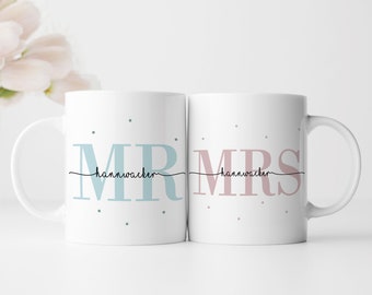 Personalisiertes Tassen Set | Mrs + Mr | mit Wunschnamen und Datum | Geschenk für Hochzeit, Heirat, Verlobung und Jahrestag der Eheleute