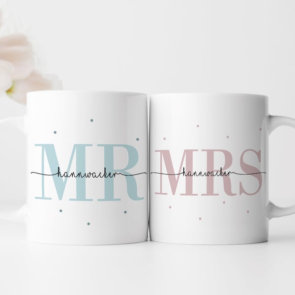 Personalisiertes Tassen Set | Mrs + Mr | mit Wunschnamen und Datum | Geschenk für Hochzeit, Heirat, Verlobung und Jahrestag der Eheleute