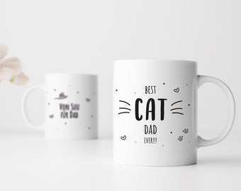 Personalisierte Tasse | mit Wunschnamen | Best Cat Dad Ever ! | Braun | Schnurriges Geschenk für Katzenliebhaber und Katzen Papas