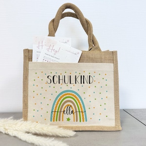 Einschulung | Personalisierte Jute Pocket Tasche | mit Wunschnamen | Schulkind Regenbogen blau- grün | als Geschenktasche für Schulanfang